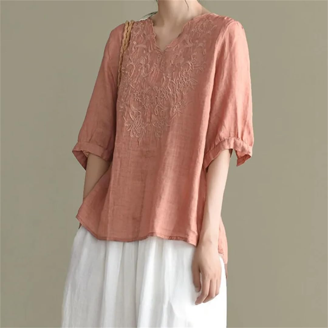 Fashion Summer Femmes Vintage Broderie Coton Lin Lâche Col V Manches Moyennes Chemise Pull Tops