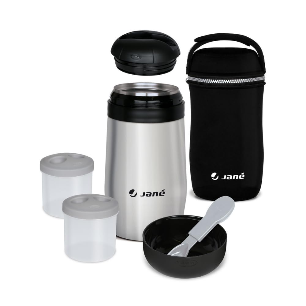 Jané Thermos per Pappa 1L, 2 Contenitori Ermetici, Mantiene Caldo e Freddo 8h, con Cucchiaio e Borsa Termica, Grigio