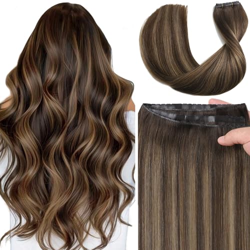 LOXXY OVO Butterfly Weft Hair Extensions Real Human Hair - 16 Inch 100g Invisible Darkest Brown to Chestnut Brown Highlights - Double Weft Bead in Hair Extensions, PU Hole Twin Tab Width 31.5