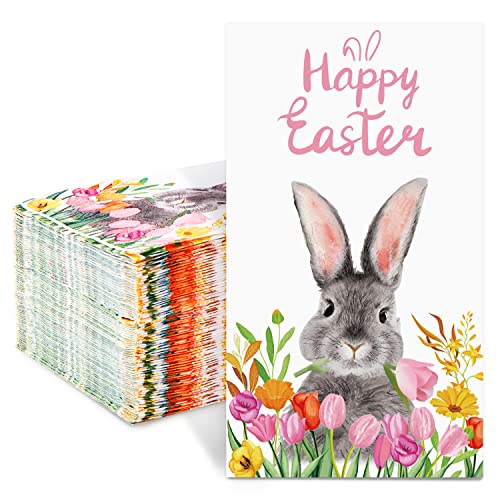 ?GreenPine 100 Happy Easter Napkins Tulip Bunny Disposable Decorative Table Napkins Spring Floral Beverage Napkins Cocktail Napkins Home Family Dinner Party Supplies, 4.37 x 7.87 Inches?