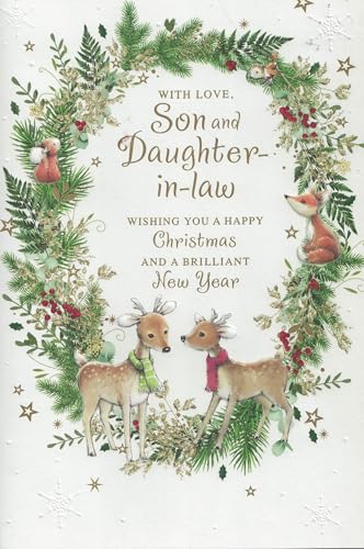 Christmas Card for Son and Daughter-in-Law 24 x 16 cm Gold-Foil Woodland Design with Reindeer