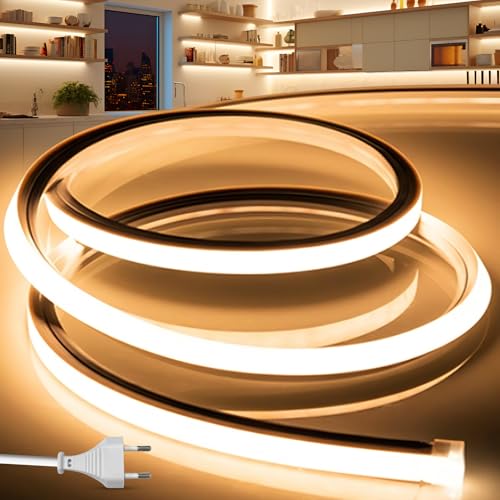BRIMETI Tira LED 220V Neon 2M Exterior Silicona Impermeable Flexible IP65 120 LED/M Strip Light Luz de la Cuerda Interior,para Dormitorio,Bar,para Fiestas Decoración Party, Sign Publicidad (Amarilla)