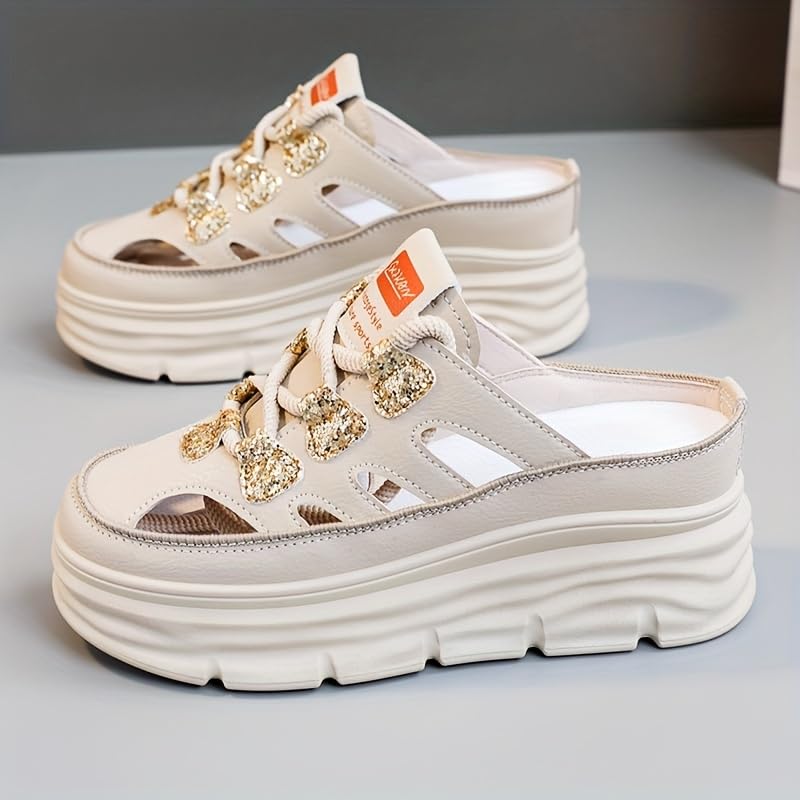 Women's Fashion Chunky Platform Sandals, Summer Hollow-Out Increased Height Casual Shoes, Breathable Faux Leather Slip-On Sneakers3
