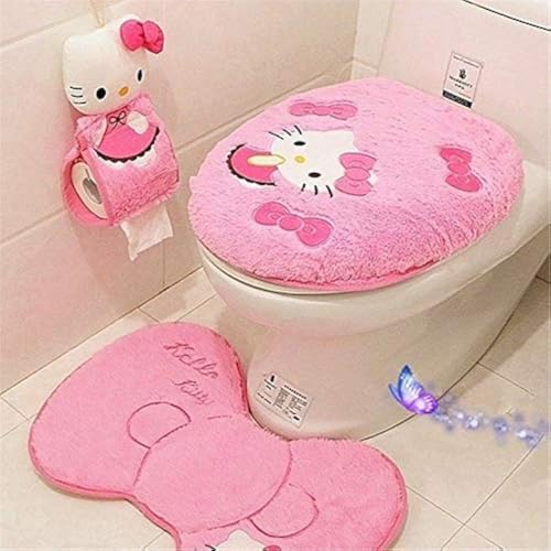 GVTTX Bath mat Cute Cartoon Pink 4 PCS Bathroom Set Toilet Cover WC Non Slip Bath Mat - Toilet Contour Rug Closestool Lid Cover Seat Cushion Tissue Box Set (Pink).
