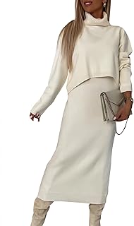 shownicer Women's Knitted Dress, Two-Piece Suit, Turtleneck Winter Dress, Long Sleeve Pullover and Maxi Knitted Skirt, Bodycon, 2-Piece Set, Sweater, Midi Dress, Jumper Dress, Knitted Dress Set