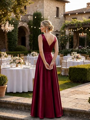 Image of Ever-Pretty Women's Summer Satin V Neck Formal Wedding Guest Dress Floor Length Empire Waist Bridesmaid Dresses with Pockets