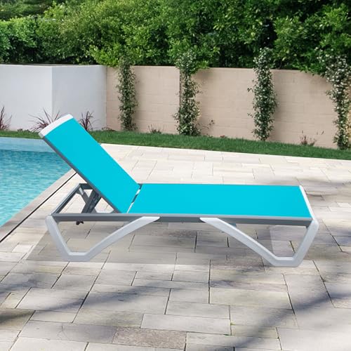 Image of Domi Outdoor Lounge Chair, Aluminum Patio Chaise Lounge with 5 Position Adjustable Backrest and Wheels, All Weather Reclining Chair for Patio, Yard, Balcony, Poolside (Lake Blue)