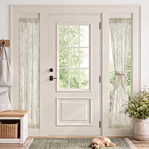 Image of jinchan Floral Sidelight Curtains for Front Door, 26x72, 2 Panels | 25% linen blend, green floral print, light filtering, rod pocket, tiebacks, washable, for front door sidelights