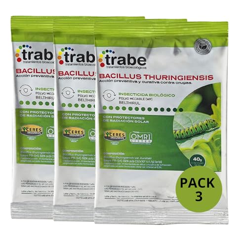 TRABE Pack 3 Bacillus Thuringiensis 40g | Protección contra Orugas Ecológico | Protege Todo Tipo de Cultivos y Plantas de Plagas | Respeta Animales, Medio Ambiente y Personas