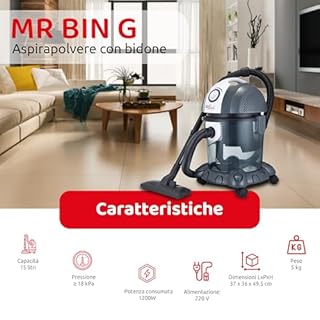 Melchioni Family | Bidone Aspiratutto MR BIN G, Aspira Liquidi e Solidi, Filtro ad Acqua, Aspirapolvere con Bidone Potenza 1200W, Funzione Soffio, Capacità Serbatoio 15 L Polvere e 10 L Liquidi