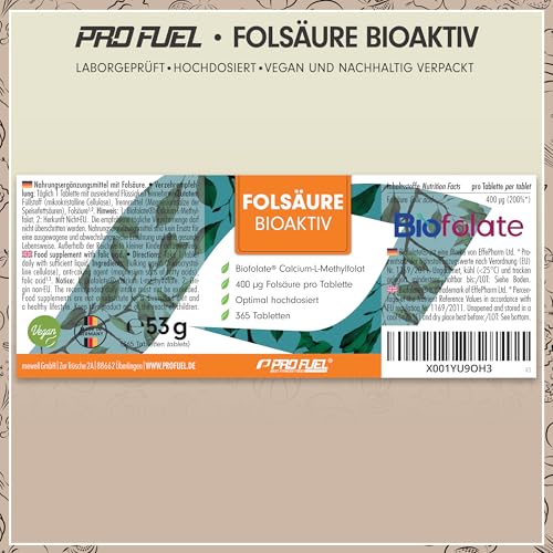 Folsäure BIOAKTIV 400µg - 365 Folsäure Tabletten mit Biofolate® L-5-MTHF Folsäure - optimal hochdosiert für Kinderwunsch & Schwangerschaft - laborgeprüft mit Zertifikat - 100% vegan - Jahresvorrat