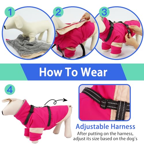 Image of MIGOHI Snowproof Dog Jacket with Harness in a Chilly Day,S,Rosered | Reflective Small Dog Coat with Sleeves Waterproof Fleece Winter Puffer Jacket for Dogs,Turtleneck Puppy Coats for Outdoor