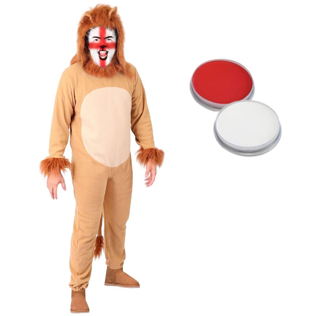 Adults England Lion Costume Three Lions Fan Kit Face Paint Jumpsuit - L