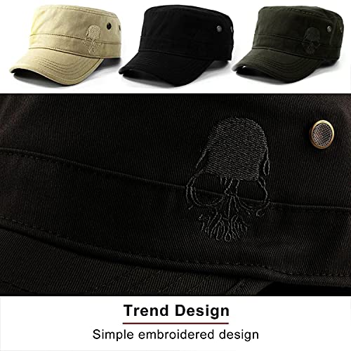 M MOACC Men Cotton Military Caps Cadet Hat Unique Skull Design Vintage Flat Top Army Cap Black