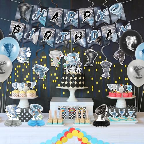 Image of Tornado Birthday Party Decorations - Tornado Party Supplies including Happy Birthday Banner, Spirals, Cake Toppers, Table Centerpieces, Balloons, Tablecloth (LQ)