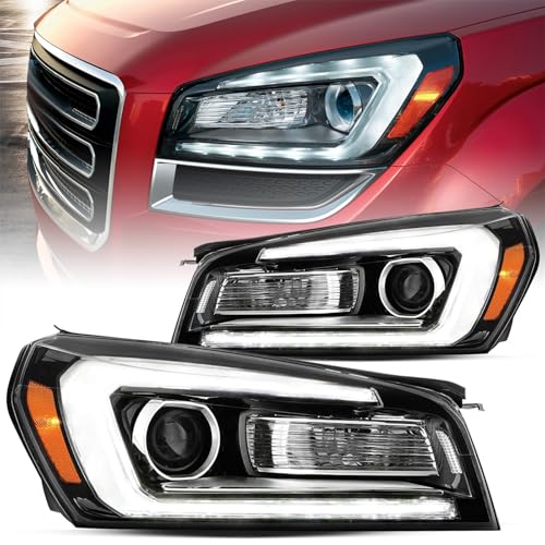 VehicleAid Halogen Headlight Assembly for 2013-2016 GMC Acadia & 2017 Limited Projector w/LED Tube DRL Headlamps Pair Set