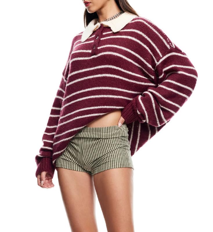 Women Striped Knit Polo Shirt Long Sleeve Lapel Collar Pullover Sweater Y2K Color Block Oversized Rugby Sweatshirt2