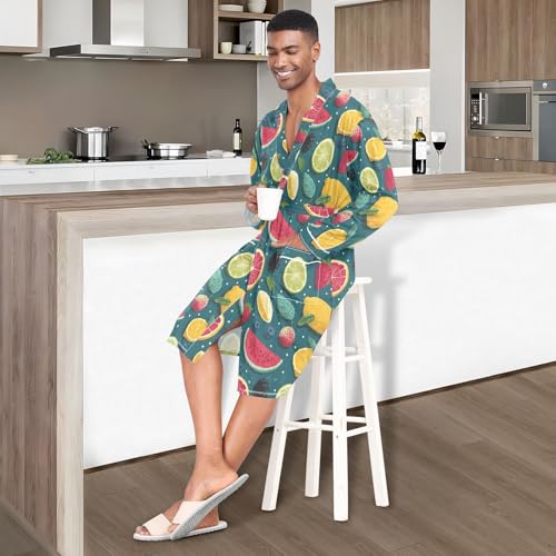 Men’s Robe Sliced Fruit Print, Long Sleeve Bathrobe for Sleep Shower-M2