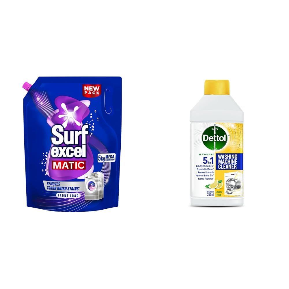 Surf Excel Matic Front Load Liquid Detergent 5Kg Refill Pouch, Specially designed to remove Tough Dried Stains, 1st time in Washing Machine & Dettol 5 in 1 Washing Machine Cleaner & Descaling Liquid-image-11