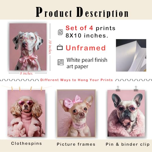 XUNLURY Coquette Pink Bow Funny Dog Wall Art Prints Unframed Set of 4, Dog Lover Gifts, Trendy Preppy Girly Cute Pet Artwork Wall Pictures for Girls Bedroom Dorm Home, 8x10 - image 2