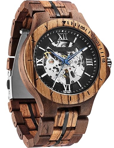 Forsining 2309041 Men'S Solid Wood Mechanical Skeleton Watch, Vintage Wooden Band With Hollow Dial Wristwatch, Automatic Self-Wind Men Watches cover
