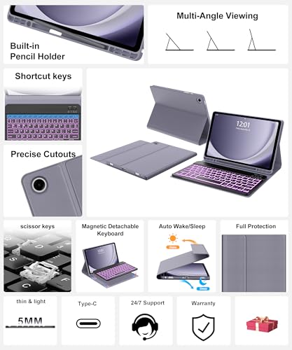 Image of Backlit Keyboard Case for Samsung Galaxy Tab A9 Plus 11 Inch 2023, Detachable Keyboard for Galaxy A9+ Plus with Pen Holder, Backlight Keypad Cover for Samsung Tab 11'' SM-X210 /X216 /X218, Lavender