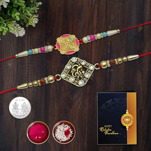 Image of Oblivion Ganpati Design Rakhi Set of 2 for Brother with Silver Colour Pooja Coin, Tilak Set and Greeting Card for Raksha Bandhan Celebration