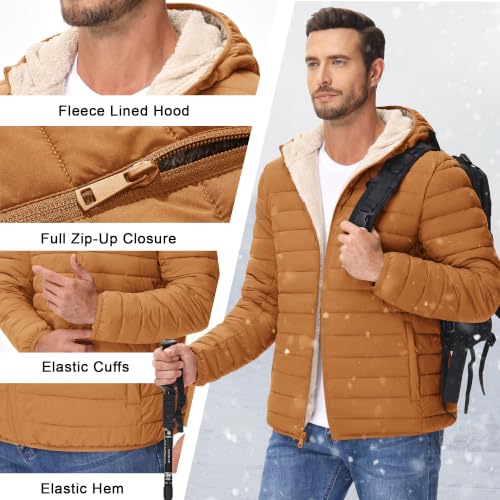 Image of Cotrasen Mens Puffer Jacket Sherpa Lined Water Resistant Hooded Full Zip Mid-Weight Warm Insulated Winter Coat