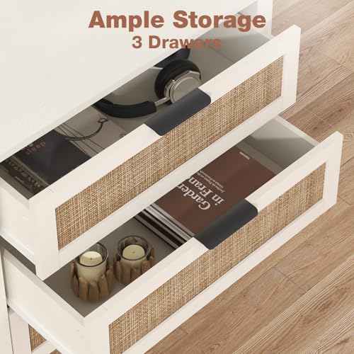 HOMMPA Rattan Night Stand with Charger Station Set of 2, 26'' Wide Boho Nightstand with 3 Drawer, Modern Bedside Table with Plug, Bed Side End Table Dresser with Open Shelf for Bedroom, Beige - image 5