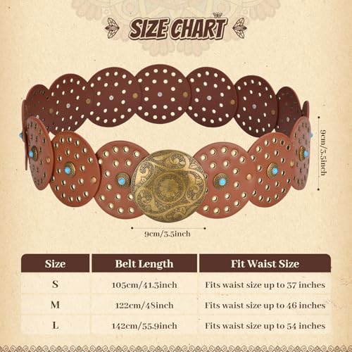 Western Leather Belts for Woman Boho Cowgirl Wide Disc Belt for Women Concho Cowboy Waist Belts for Dress (Brown-bronze Buckle, 48'' (fits waist size up to 45''))3