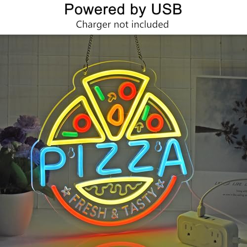 Image of Pizza Neon Sign, Neon Lights Hanging Wall Art Decoration for Restaturant Shop Bar Market Bakeries Cafe Celebration Home Decor, USB Powered Ultra Bright Dimmable,12.6x12.6inches