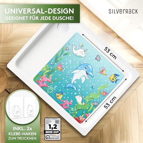 SilverRack Kinder Duschmatte rutschfest 53x53 cm (Delfin Motiv) - Antirutschmatte Dusche BPA frei für Kinder - Badematte rutschfest, maschinenwaschbar u. schimmelresistent - Bedruckte Duscheinlage