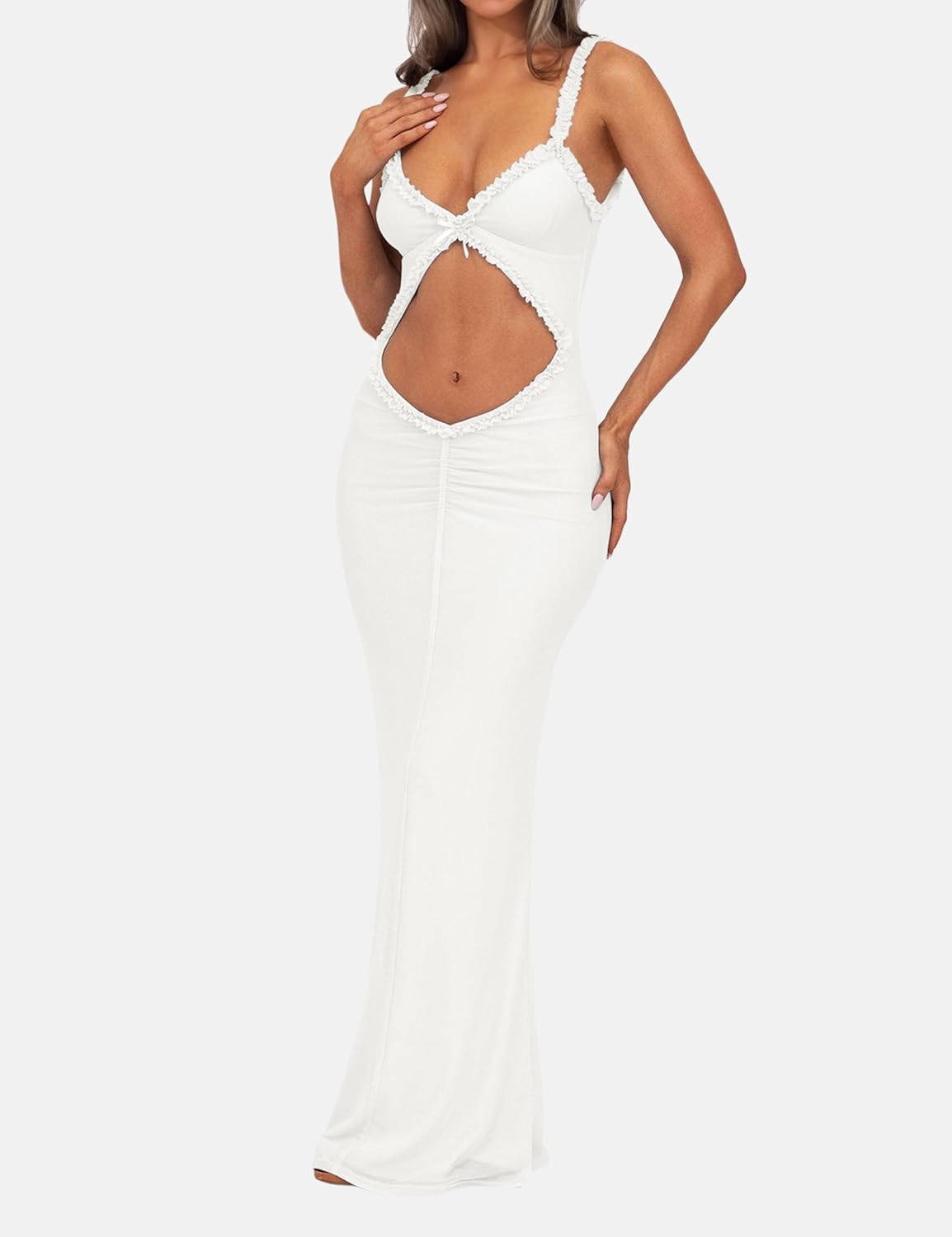 ISZPLUSH Women's Sleeveless All Mesh Dress Sexy Mini Tassel Cut Out See Through Dress High Slit Ruffle Hem Mesh Club Outfit - Image 2