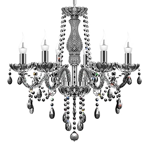 TRY-YEAN Lustre Cristal 6 Bars Lustre Baroque Gris Fumé Verre Cristal K9 Lustre Pampille Suspension Lampe de Plafond avec Chaîne Réglable pour Chambre, Salon, Salle à Manger, Restaurant, E14