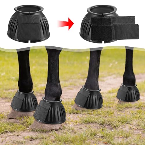 Image of JIEYAO 1 Pair Black Horse Bell Boots Protect, Double Lock Horse Care Boots, Rubber Horse Boot No-Rub Bell Boots for Horses Quick Wrap Hook & Loop for Shield Turnout Against Hoof Impact Trauma
