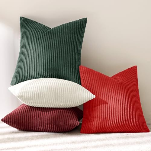 Image of MIULEE Corduroy Decorative Throw Pillow Covers Christmas Red White 18x18 | Set of 4, Mordern Christmas Decor, Classic Red White Green Set, Boho Farmhouse Cushion Covers for Couch Bed Sofa Living Room