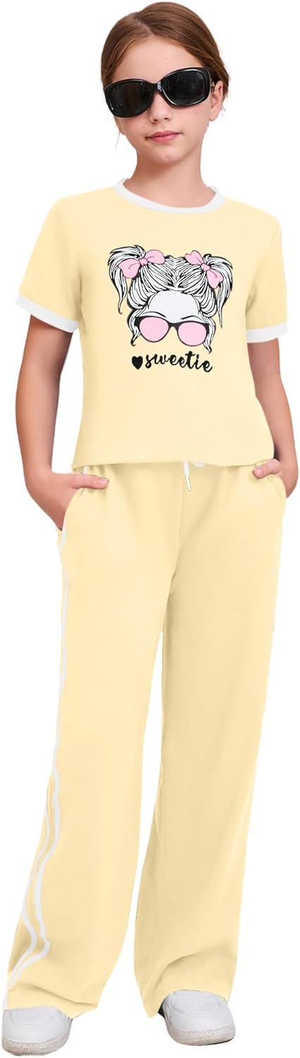 Size 6-12 Years Girls Clothing Sets Short Sleeve Tops & Sweatpants Lounge Set Sweatsuits With Pocket - Image 2