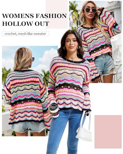 Image of Womens Sweaters 2024 Cute Elegant Soft Crewneck Long Sleeve Hollow Cable Knit Pullover Tops