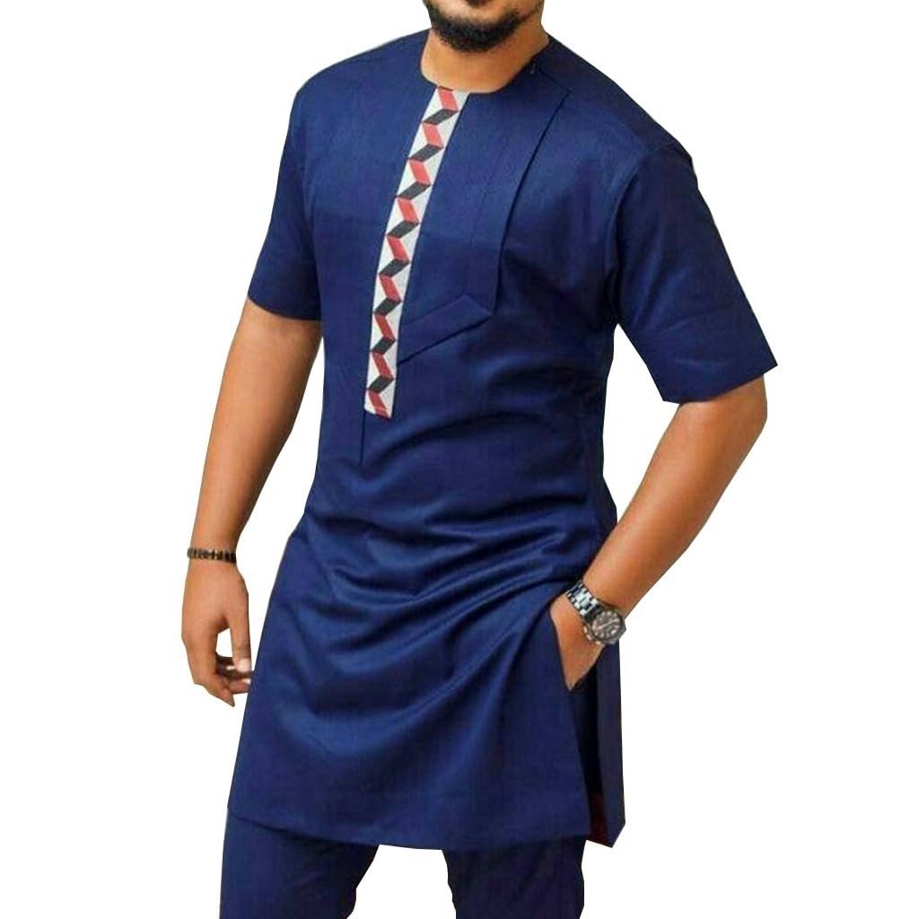 Men's African Dashiki 2 Piece Formal Suit Short Sleeve Shirt and Pant Outfits Traditional Clothing Tracksuits (Color : Blue, Size : M)