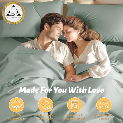 Shilucheng 100% Egyptian Cotton King Size Sheets Set - 1000 Thread Count,Luxury Cotton Bed Sheets,Breathable & Cooling Bedding and Pillow Cases, 16 Inch Deep Pocket - 4 Piece (Sea Glass, King)