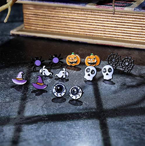 Sllaiss Halloween Earrings 7 Pairs Mixed Halloween Theme Stainless Steel Stud Earrings for Women Skull Spider Ghost Eyeball Pumpkin Earrings4