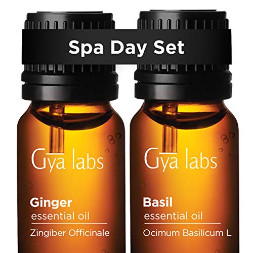 Ginger Essential Oil & Basil Essential Oil - Gya Labs Spa Day Set for Muscle Pain Relief & Massage - 100% Pure Therapeutic Grade Essential Oils Set to Unwind Sore Muscles & Joint Pain - 2x10ml