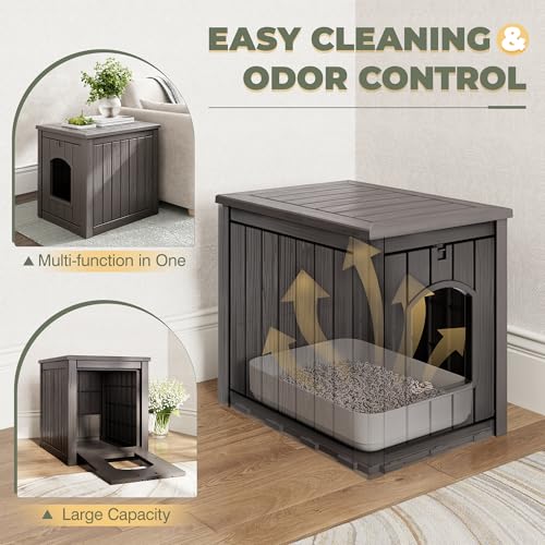 Image of Cat Litter Box Enclosure, Enclosed Cat Litter Box Raised Floor, Openable Front Door Outdoor Cat House Weatherproof, Easy to Clean, Grey