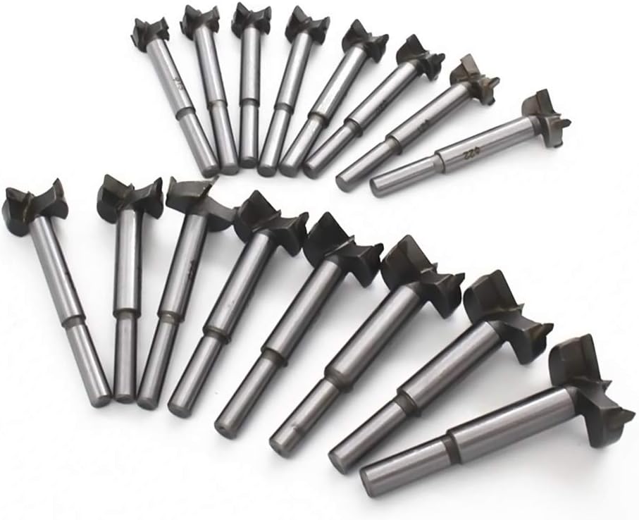 MeichoonWood Drill Bits 15-35mm 16PCS, Forstner Drill Bits HSS Carbon Woodworking Tool Punching Bit Wood Slabs Flat Wing Drilling Hole Hinge Cemented Carbide Drilling Sets DC01