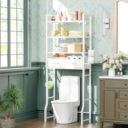 Simple Trending 4 Tier Over The Toilet Storage with Drawers, Heavy Duty Bathroom Stand Organizer Metal Shelves for Laundry, White - Image 3