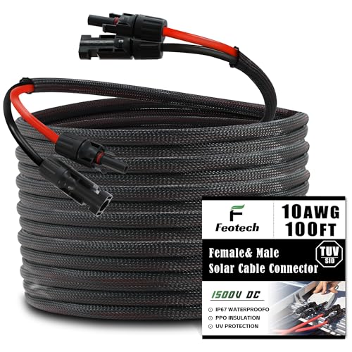 Feotech Twin Wire 100FT Solar Extension Cable - 10AWG(6mm&sup2;) Solar Panel Connector, with...