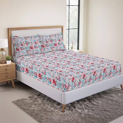 MYTRIDENT Fitted Bedsheets King Size | Cotton Bed Sheet | Bedsheet for Double Bed King Size | Fitted bedsheet Set | 144 TC | 100% Cotton - Gardenia Blooms Pink