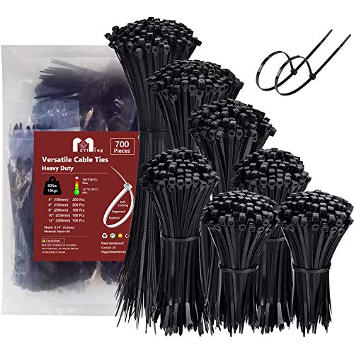 Zip Ties Assorted Sizes 700 Pack 4+6+8+10+12 Inch Cable Ties Heavy Duty 40lbs Plastic Wire Ties UV Resistant Zipties Black Small Zip Tie Wraps Assortment Cord Management for Home, Office, Gardening by ZYIMING - Used condition - US$12.94