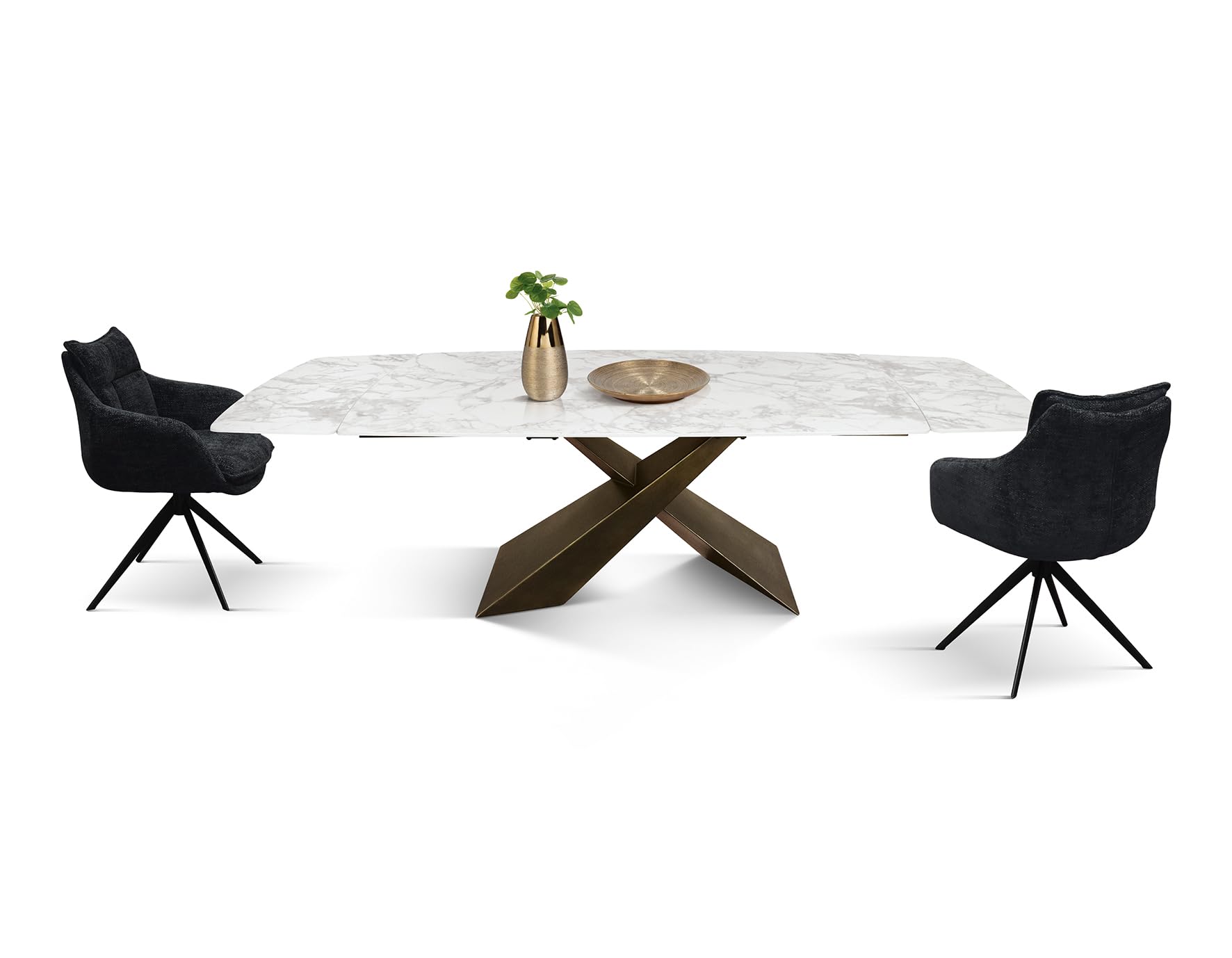 PAZZO DESIGN Table extensible Ernesto, plateau en céramique blanc arabesque, finition mate, pieds en métal bronze, cuisine, salon, céramique, 160 x 90 x 76 cm - id_2075