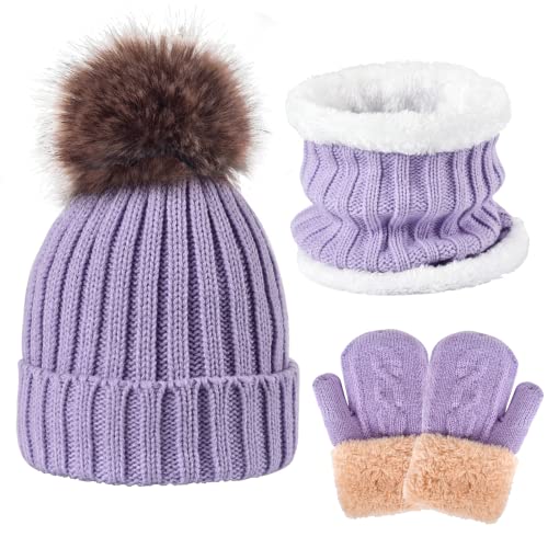 Kids Winter Knit Beanie Hat Scarf and Gloves Set for Girls Boys Warm Thick Fleece Lined Thermal Purple Skull Cap Mittens Infinity Scarf Neck Warmer with Pompom for 2-5 Years Old Baby Toddler Children
